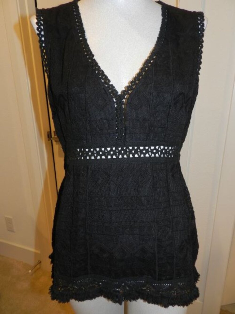 Nanette Lepore Black Boho Fringe Trim Crochet Knit Top Size 6